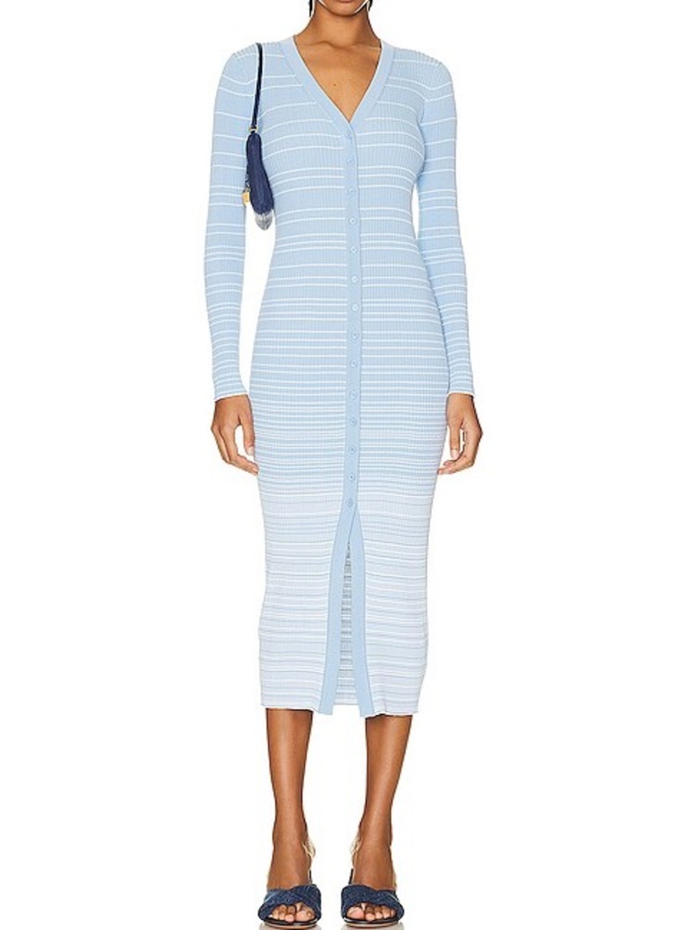 Staud Shoko French Baby Blue White Cardigan Fitted Maxi Sweater Dress Fine Knit